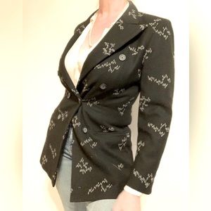 MONDI Double Breasted Lined Tailored Wool Blazer with Cross Stitch Embellishment